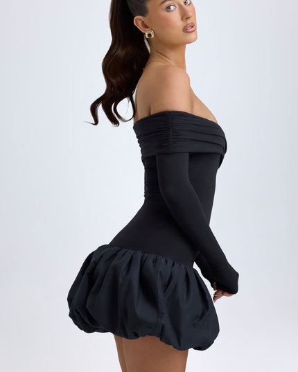 Black Modal Off-Shoulder Bubble Hem Mini Dress