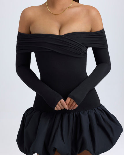 Black Modal Off-Shoulder Bubble Hem Mini Dress