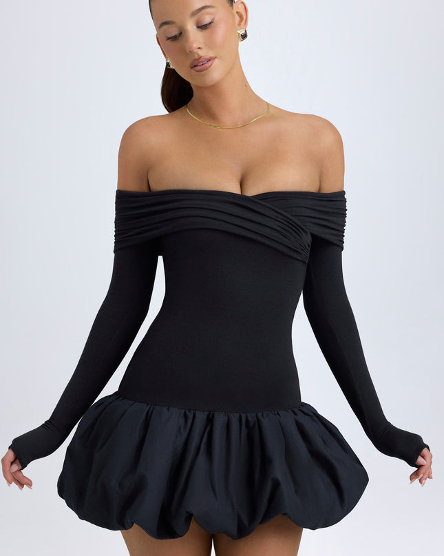 Black Modal Off-Shoulder Bubble Hem Mini Dress