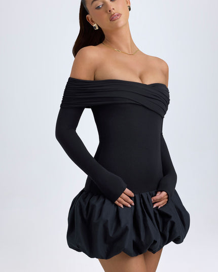 Black Modal Off-Shoulder Bubble Hem Mini Dress