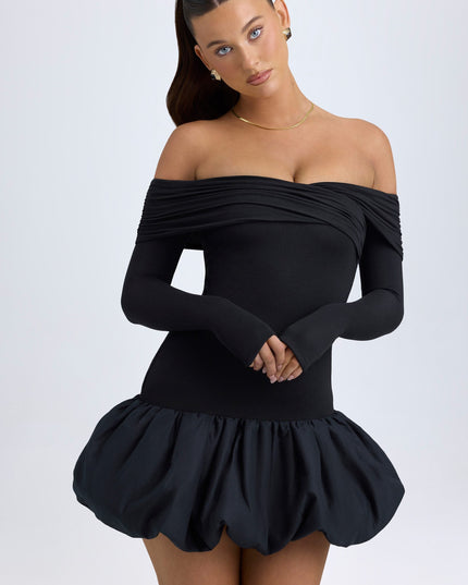 Black Modal Off-Shoulder Bubble Hem Mini Dress