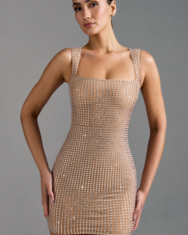 Almond Embellished Square-Neck Mini Dress