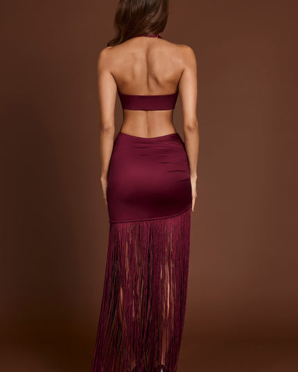 Wine Red Fringed Plunge-Neck Maxi Dress
