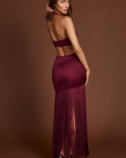 Wine Red Fringed Plunge-Neck Maxi Dress