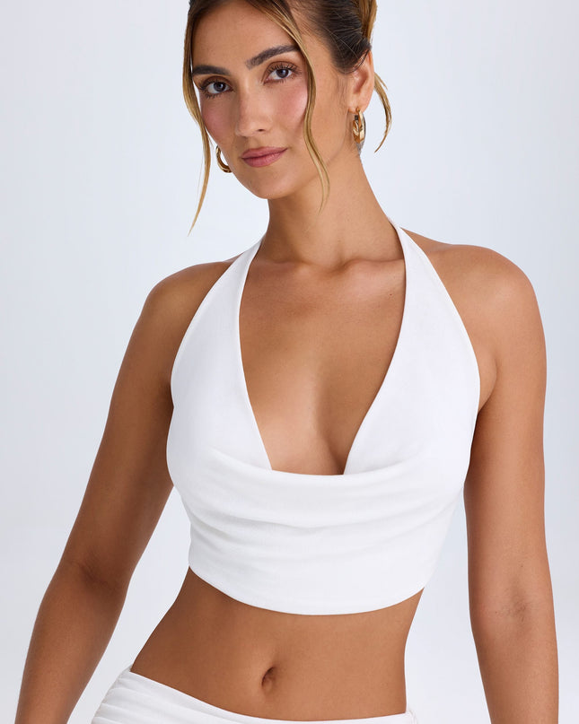 White Cowl-Front Halterneck Crop Top