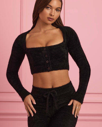 Black Fluffy Knit Cropped Cardigan