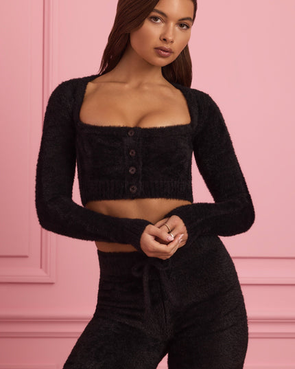 Black Fluffy Knit Cropped Cardigan