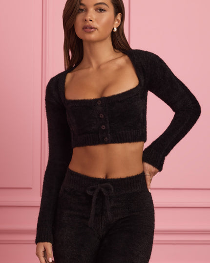 Black Fluffy Knit Cropped Cardigan