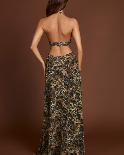 Leopard Print Plunge Cut-out Maxi Gown