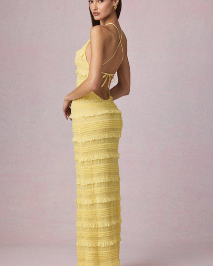 Lemon Yellow Ruffled Backless Halterneck Maxi Dress