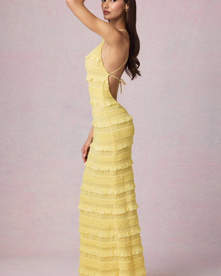 Lemon Yellow Ruffled Backless Halterneck Maxi Dress
