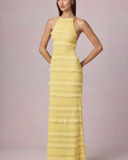 Lemon Yellow Ruffled Backless Halterneck Maxi Dress