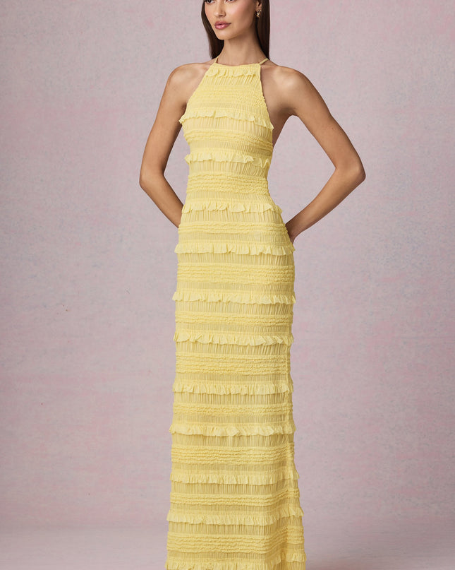 Lemon Yellow Ruffled Backless Halterneck Maxi Dress