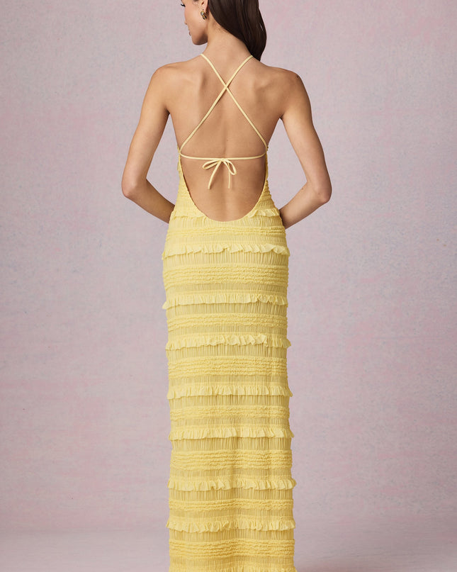 Lemon Yellow Ruffled Backless Halterneck Maxi Dress