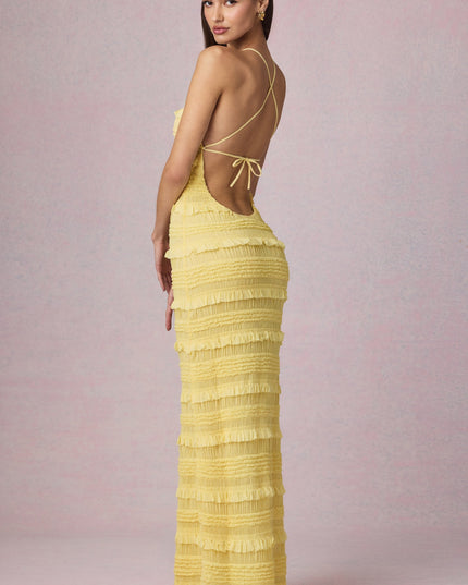 Lemon Yellow Ruffled Backless Halterneck Maxi Dress