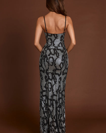 Silver Snake Embellished Peekaboo Cowl-Neck Dress