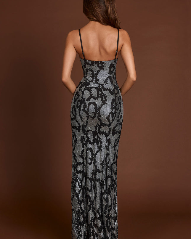 Silver Snake Embellished Peekaboo Cowl-Neck Dress