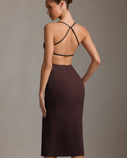 Chocolate Brown Plunge-Neck Backless Midaxi Dress