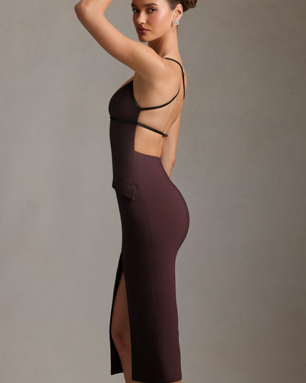 Chocolate Brown Plunge-Neck Backless Midaxi Dress