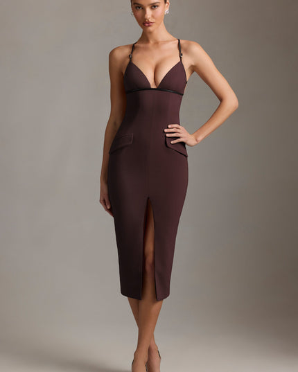 Chocolate Brown Plunge-Neck Backless Midaxi Dress