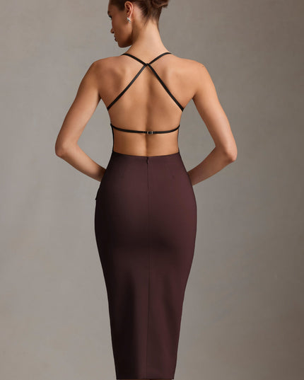 Chocolate Brown Plunge-Neck Backless Midaxi Dress