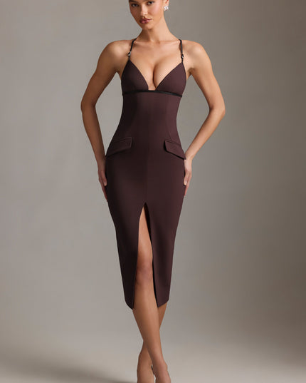 Chocolate Brown Plunge-Neck Backless Midaxi Dress