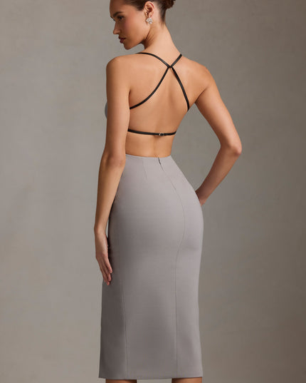 Grey Plunge-Neck Backless Midaxi Dress