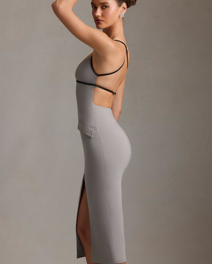 Grey Plunge-Neck Backless Midaxi Dress