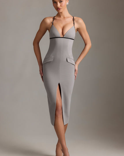 Grey Plunge-Neck Backless Midaxi Dress