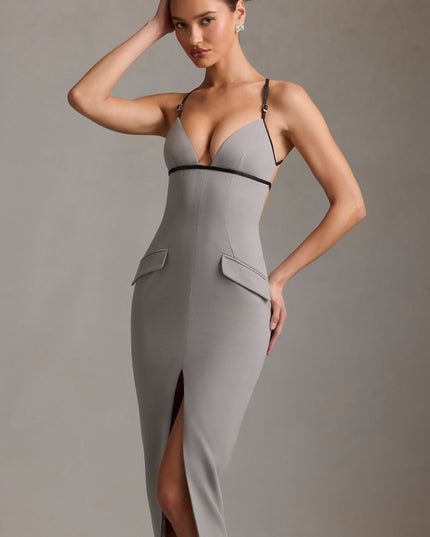 Grey Plunge-Neck Backless Midaxi Dress