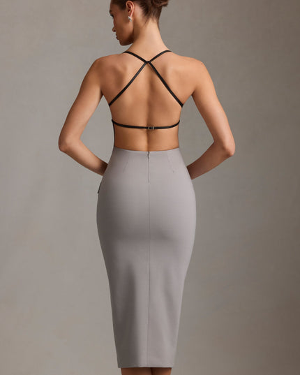 Grey Plunge-Neck Backless Midaxi Dress