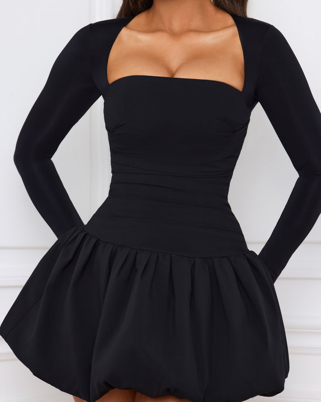 Black Long-Sleeve Bubble Hem Mini Dress