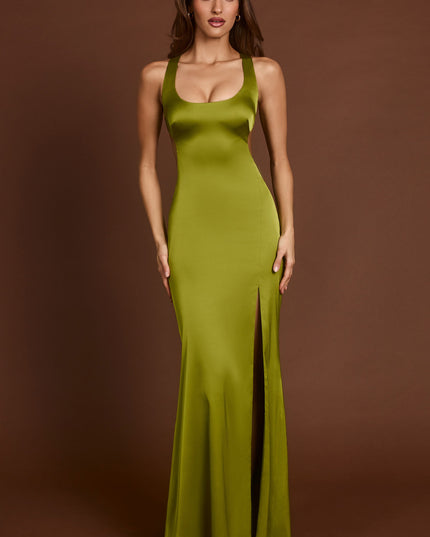 Olive Green Scoop-Neck Lace-up Back Maxi Dress