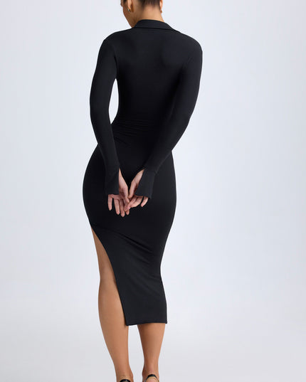 Black Modal Plunge V-Neck Midaxi Dress