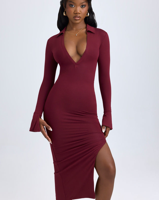 Wine Red Modal Plunge V-Neck Midaxi Dress