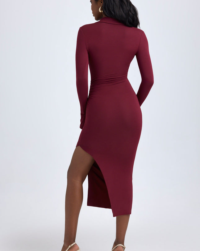 Wine Red Modal Plunge V-Neck Midaxi Dress
