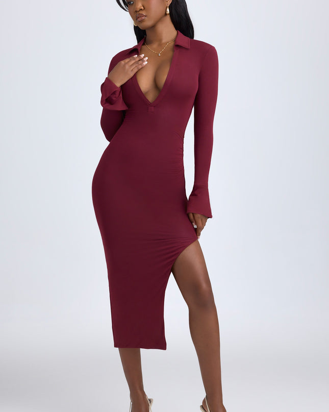 Wine Red Modal Plunge V-Neck Midaxi Dress