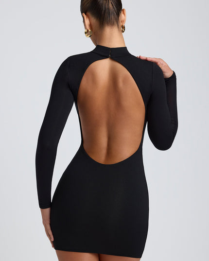 Black Modal Open-Back Long-Sleeve Mini Dress