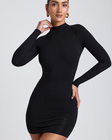 Black Modal Open-Back Long-Sleeve Mini Dress