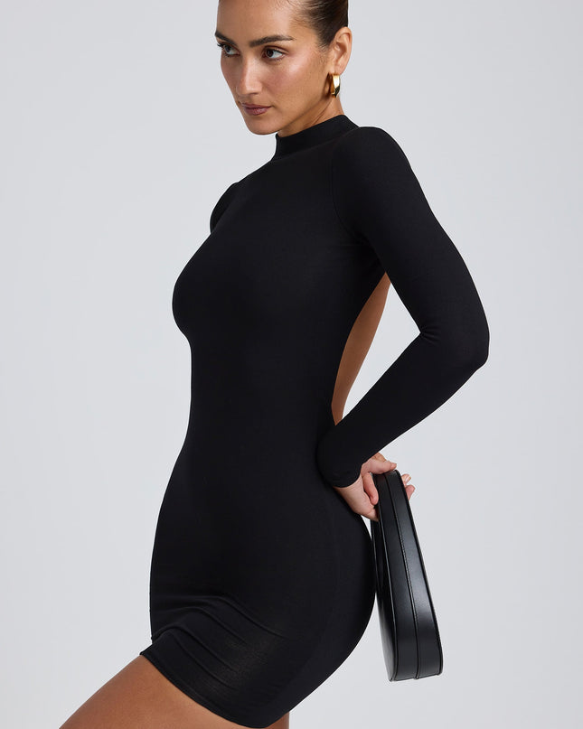 Black Modal Open-Back Long-Sleeve Mini Dress