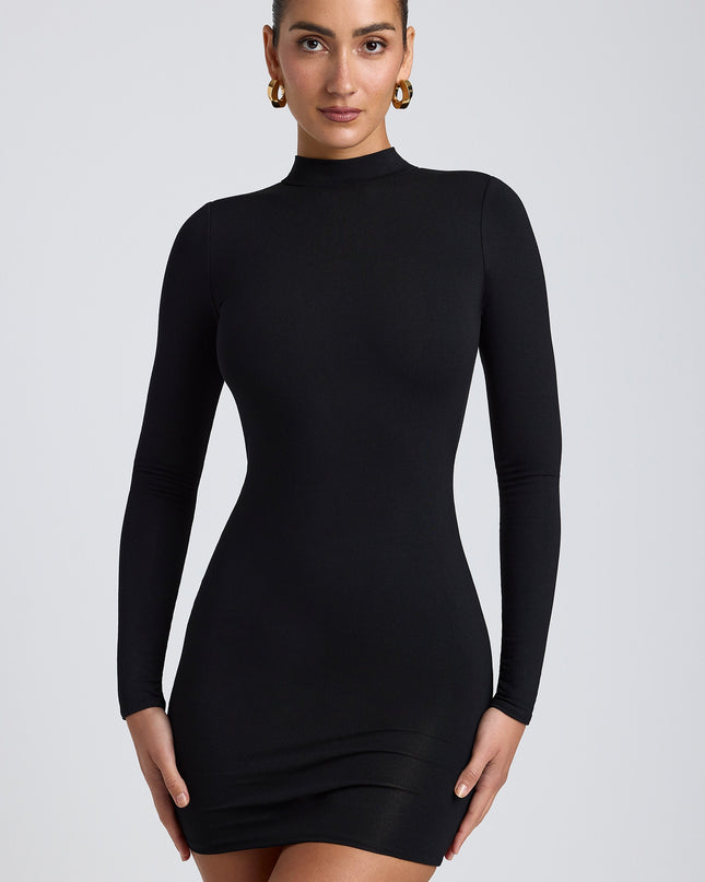 Black Modal Open-Back Long-Sleeve Mini Dress