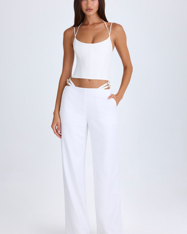 White Belted Cut-Out Wide-Leg Trousers