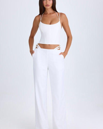 White Belted Cut-Out Wide-Leg Trousers