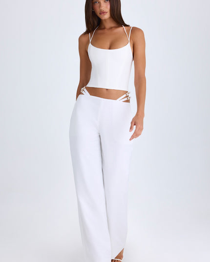 White Belted Cut-Out Wide-Leg Trousers