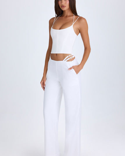 White Belted Cut-Out Wide-Leg Trousers