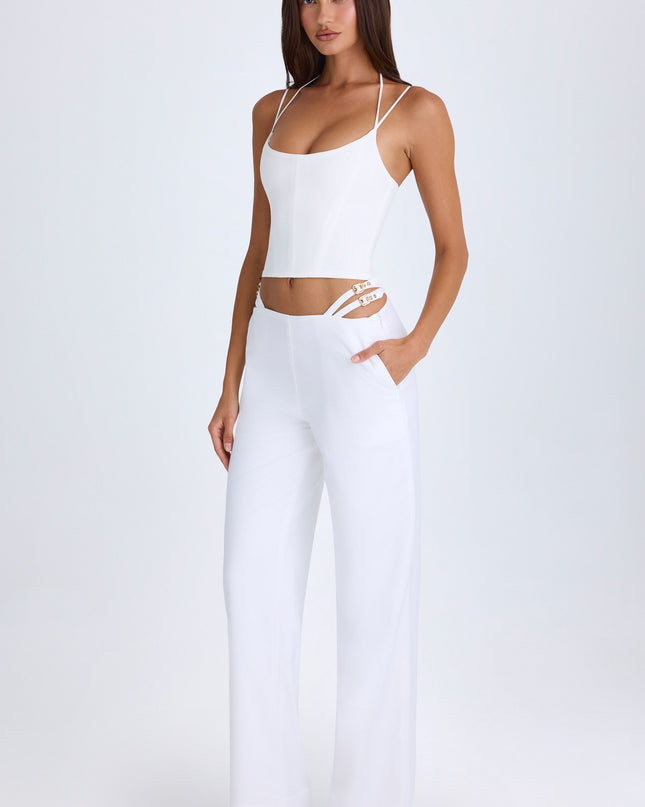 White Belted Cut-Out Wide-Leg Trousers