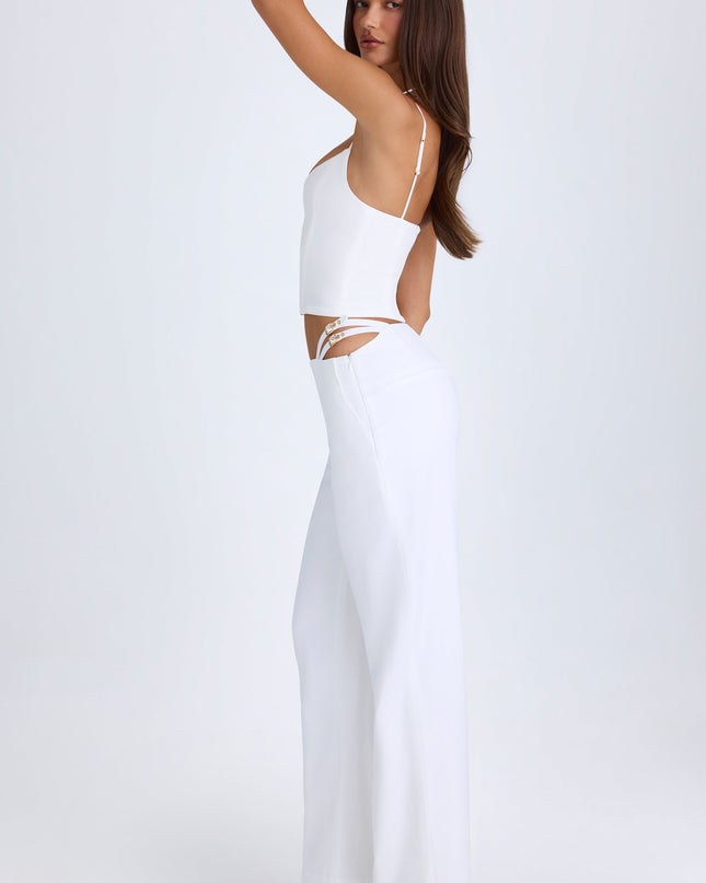 White Belted Cut-Out Wide-Leg Trousers