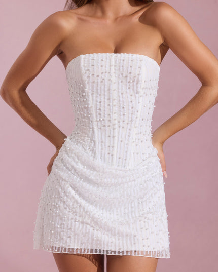 White Embellished Draped Strapless A-Line Mini Dress